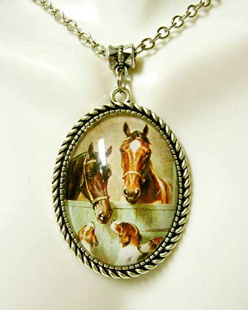 Brown horses and foxhounds in a stable pendant with chain - HAP09-134