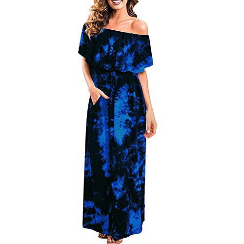 Womens Off The Shoulder Ruffle Party Dresses Side Split Beach Maxi Dress Dark Blue