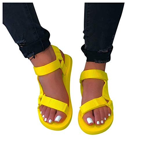 Platform Sandals for Women Rainbow Sandals Open Toe Ankle Strap Platform Flat Sandals Wedge Heel Colorblock Sandals -37-US7 zz-Yellow-