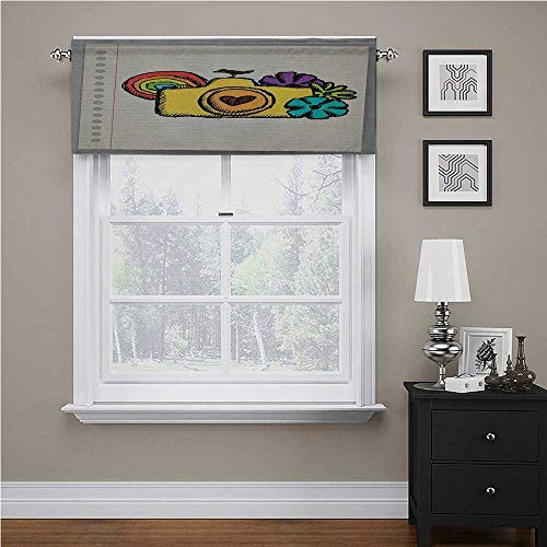 Interestlee Doodle Valance Yellow Camera with Flowers of Many Colors Mini Bird Rainbow on Notebook for Living Room Bedroom Earth Yellow Multicolor 42 inch x 18 inch
