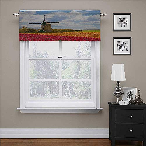 Interestlee Windmill Window Valances Abundant European Field Wild Flora Countryside Outdoors Clouds Mill Rustic Print Tailored Scalloped Valance/Swags Multicolor 42 inch x 18 inch