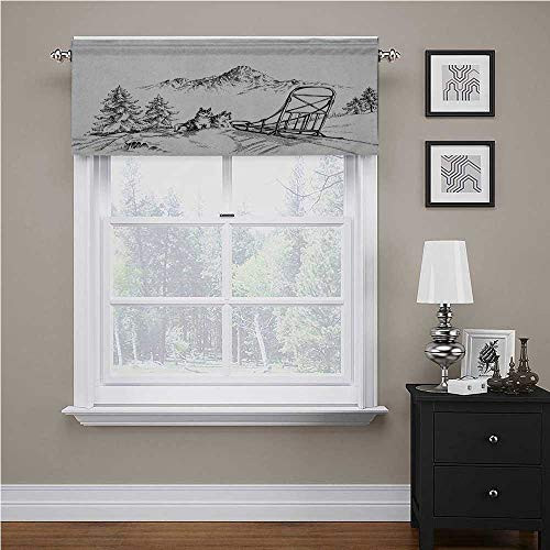 Alaskan Malamute Window Scarf Mountain Landscape in Winter Sledding Dogs Pine Trees Wilderness Art Tailored Scalloped Valance/Swags Black and White 42 inch x 18 inch