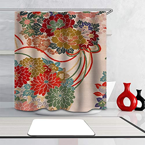 PocaBlife Embroidered Shower Curtain Japanese Satin Fabric Pattern Curtains Waterproof Colorful Cloth Fabric Durable Shower Custom Bathroom Decor Set with Hooks 54 x 78 inch