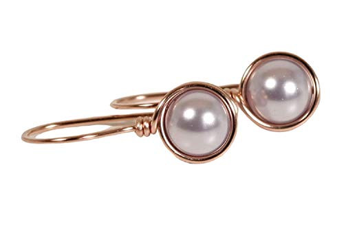 Rose Gold Lavender Pearl Drops Earrings - Rose or Yellow Gold Wire Wrapped Swarovski Pearls Handmade