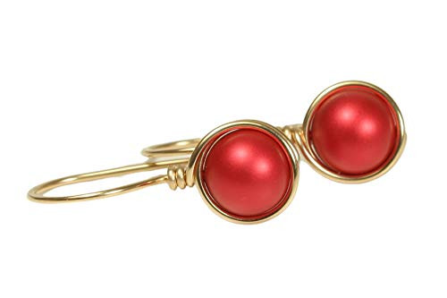 Red Pearl Earrings - Yellow or Rose Gold Wire Wrapped Rouge Swarovski Handmade Jewelry for Women