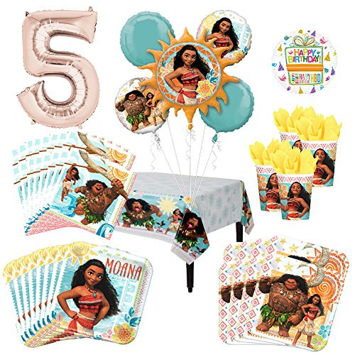 Moana Party Supplies 8 Guest Kit and 5th Birthday Balloon Bouquet Decorations