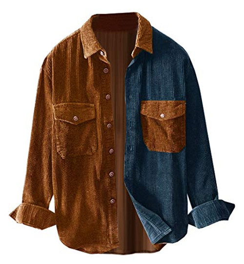 Ladyful Mens Classic Baggy Fit Button Down Corduroy Shirt Blouse Top -XXL Brown PlusBlue-