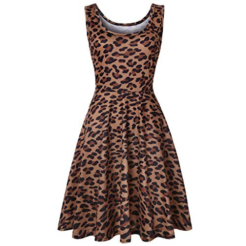 KYLEON Womens Midi Dresses Boho Leopard Print Sleeveless O-Neck A Line Waistline Casual Summer Party Flared Tank Dress Yellow