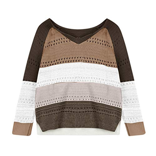 Portazai Women Blouse Long Sleeve Color Block Casual Pullover Sweatshirts Loose V Neck Knit Tunic Tops for Womens Brown