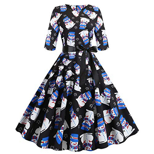 Christmas Dresses Women Vintage A-Line Print Lace Long Sleeve Flared Cocktail Party Swing Dress Blue