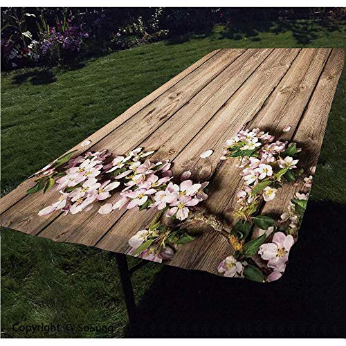 Rustic Home Decor Polyester Fitted TableclothSweet Spring Flowering Branch on Weathered Wooden Blooming Orchard Rectangular Elastic Edge Fitted Table CoverFits Rectangular Tables 48x24 Pink Brown G