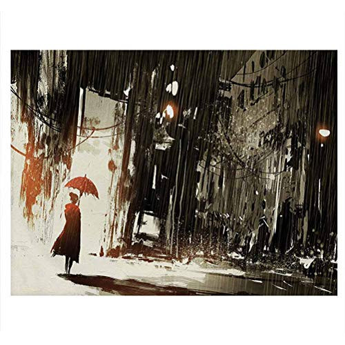 ScottDecor Fantasy Aquarium Background Woman with Umbrella in Rain Old Town Ruins Apocalypse Superhero Action Desgin Side Aquarium Poster Background Decoration Army Green Beige W24 x L16 Inch