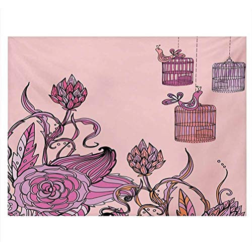 ScottDecor Orange and Pink Aquarium Poster Romantic Floral Composition with Bird Cage Artistic Spring Themed Ornament Side Aquarium Poster Background Decoration Multicolor W24 x L16 Inch