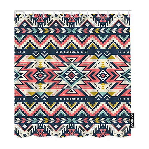 Moslion Aztec Shower Curtain Set Retro Colors Tribal Ethnic Triangles Stripes Arrows Boho Shower Curtains Home Decorative Waterproof Polyester Fabric Hooks 72x72 Inch