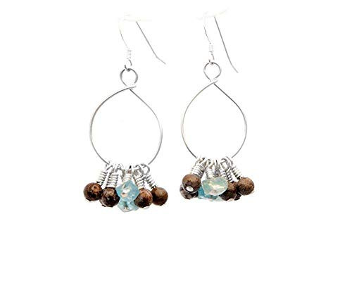 Sterling Silver Hoops with Blue Apatite and Brown Jasper Gemstone Dangle Earrings 1.5 inches LLD Jewelry