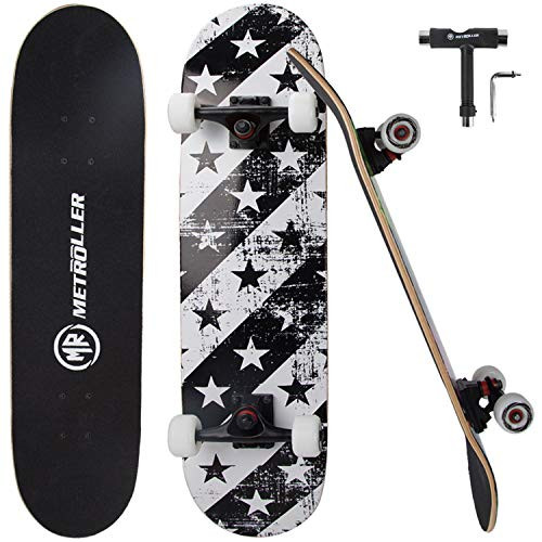 METROLLER Skateboard31 x 8 Complete Standard Skate Boards for Girls Boys Beginner 7 Layer Canadian Maple Double Kick Concave Skateboards for Kids Youth Adult Teens