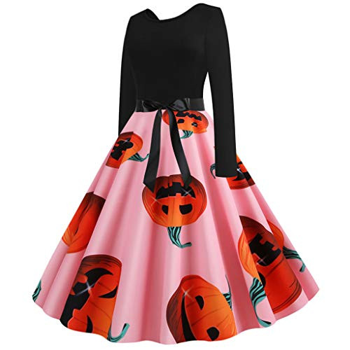 Zainafacai Halloween Dresses Womens Long Sleeve Cocktail Swing A Line Dress Printed Cosplay Party Costume Pink