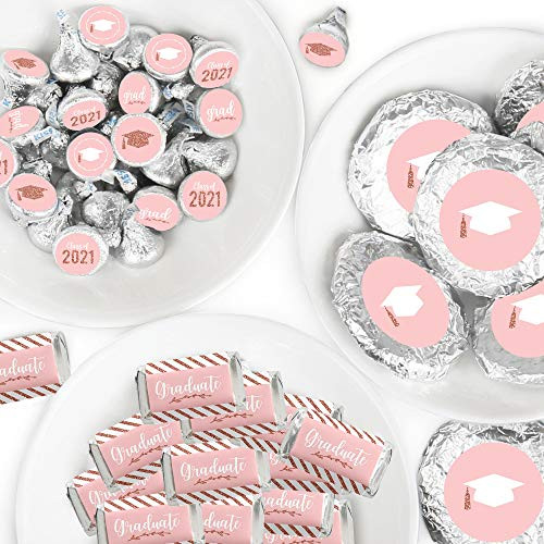 Big Dot of Happiness Rose Gold Grad - Mini Candy Bar Wrappers Round Candy Stickers and Circle Stickers - 2021 Graduation Party Candy Favor Sticker Kit - 304 Pieces