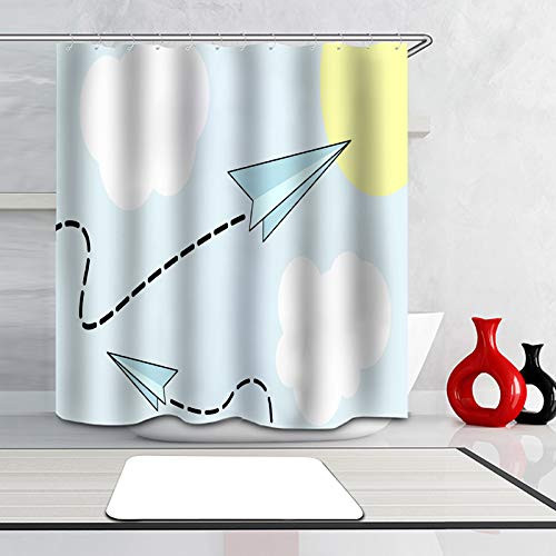 PocaBlife Cartoon Airplane Picture Flying Paper Airplane Curtains Waterproof Colorful Cloth Fabric Durable Shower Custom Bathroom Decor Set with Hooks 66 x 72 inch