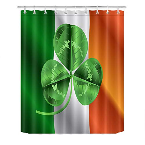 LB St.Patricks Day Irish Flag Shower Curtain Set Shamrock Clover Bathroom Curtain with Hooks Green Leaves Bathroom Decorations 60x72 inch Waterproof Polyester Fabric