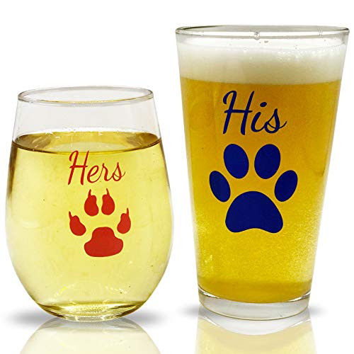 His Beer Her Wine Glass Gift Set- Gift for Husband & Wife - Present Idea for Bridal Shower, Wedding, Engagement, Anniversary, Newlyweds, and Couples-Him, Her, Mr. Mrs.