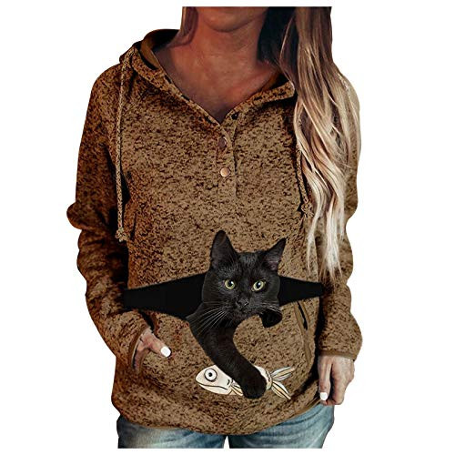 YSLMNOR Cat Sweatshirts for Womens Teens Girls Hooded Sweatshirt with Pockets Tops Button Pullover Brown