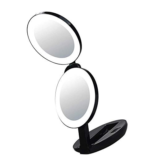 Makeup mirror LED Lighted Journey Makeup Magnifying MirrorMagnifies 10x And 1x Luxury Double Side And Folding Pocket Vanity/Cosmetic Mirror -black-