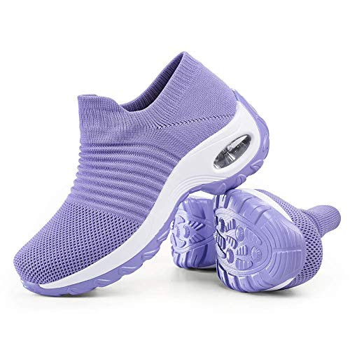 Womens Walking Shoes Sock Sneakers - Breathable Mesh Slip On Lady Girls Work Nursing Easy Shoes Platform Loafers Light Purple11