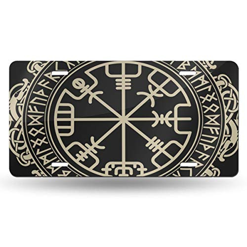 American License Plate Aluminum Metal License Decorative Front License Plate For Women Girls Men Boys Celtic Viking Magical Runic Compass Vegvisir In The Circle Of Norse Runes And Dragons Tattoo