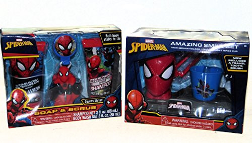 Spiderman Bath and Smile Gift Set - Shampoo Body wash Squirting Bath Scrubby Tile Hook Toothbrush Holder Rinse Cup  and  Toothbrush