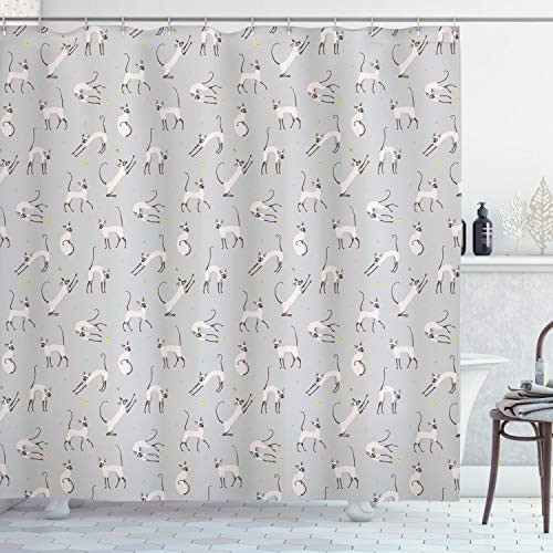 Ambesonne Grey Shower Curtain Siamese Cat on Wall Design Playing and Posing Feline Kitty Design Cloth Fabric Bathroom Decor Set with Hooks 75 inch Long Pale Grey