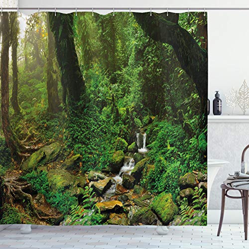 Ambesonne Landscape Shower Curtain Rainforest Trees and Fresh Grass in Nepal Jungle Wildlife Nature Tropical Photo Cloth Fabric Bathroom Decor Set with Hooks 75 inch Long Green Brown