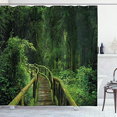 Ambesonne Jungle Shower Curtain Freshness Tropical Thailand Forest with Wooden Bridge Foliage Meditation Calm Landscape Cloth Fabric Bathroom Decor Set with Hooks 75 inch Long Green