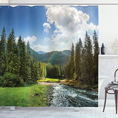 Ambesonne Landscape Shower Curtain Riverside Flowing Mountain with Towering Pine Trees and Rainbow Clouds Sunny Day Cloth Fabric Bathroom Decor Set with Hooks 84 inch Long Extra Hunter Green