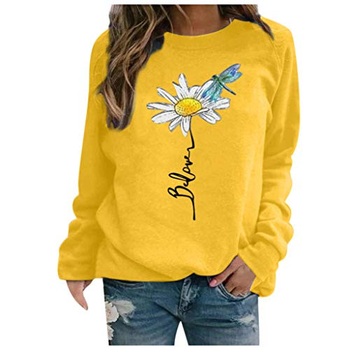 POTO Pullover Sweatshirts for Women Cround Neck Long Sleeve Blouses Chrysanthemum Printing Tee Shirts Tops Yellow