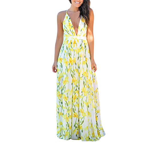 Ghazzi Women Dress Summer Casual Floral Printed Backless Long Maxi Dress Bodycon Elegant Sleeveless Party Evening Long Dress Yellow
