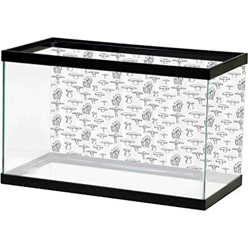 Mushroom Seabed World Backdrop Collection of Different Mushrooms Doodle Style Monochrome Display Organic Garden PVC Adhesive Decor Pape Black White L30 X H12 Inch
