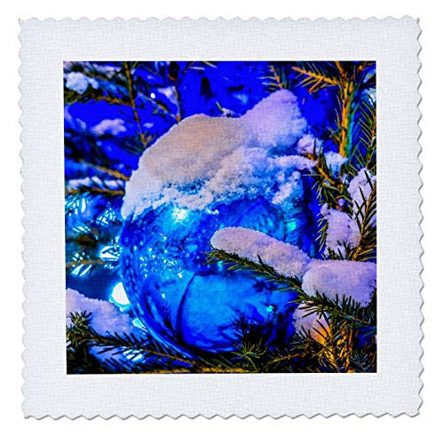 3dRose Snow over the blue ornament ball. Green spruce tree. - Quilt Squares -qs_328743_10-
