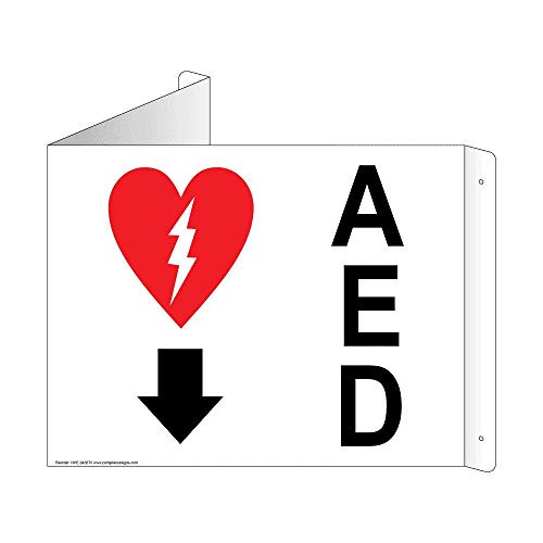 AED -with Down Arrow- Wall Sign Triangle Projection-Mount 9x7 inch White Aluminum for Emergency Response by ComplianceSigns