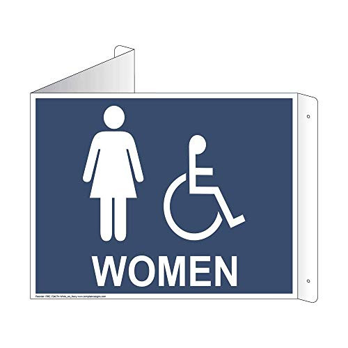 Women Restroom Wall Sign Triangle Projection-Mount 9x7 inch Navy Aluminum for Public Bathrooms by ComplianceSigns