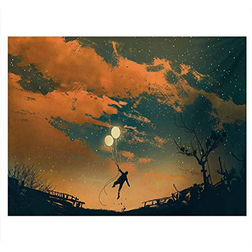 ScottDecor Fantasy Underwater World Backdrop Flying Man with Balloons in Sky Starry Night Freedom Fun Theme Illustration Side Aquarium Poster Background Decoration Orange Ash Gray W30 x L12 Inch