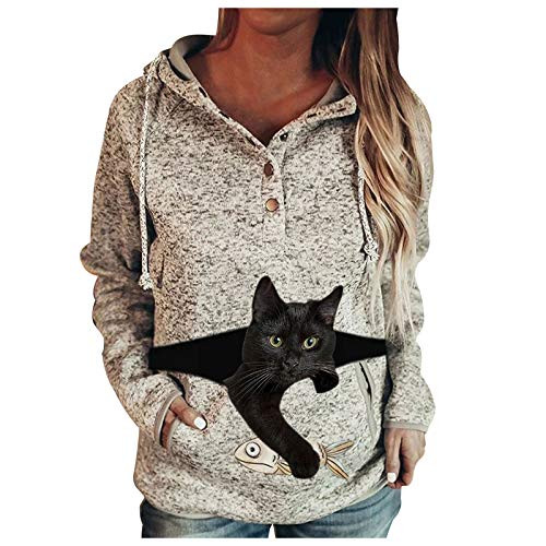YSLMNOR Cat Sweatshirts for Womens Teens Girls Hooded Sweatshirt with Pockets Tops Button Pullover Beige