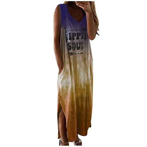 Hotkey Womens Dresses Casual Summer Sundress Sleeveless V-Neck Gradient Tie-dye Loose Maxi Long Dress Tunic Tank Dress Yellow