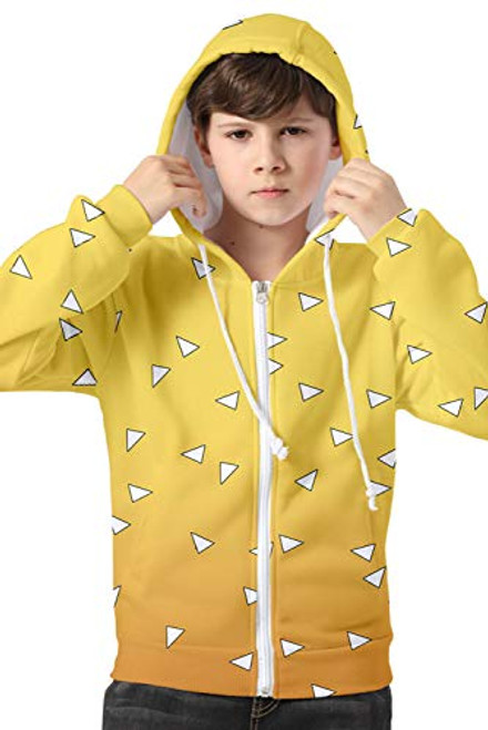 Kids Demon Slayer Agatsuma Zenitsu Hoodie Zipper Jacket Cosplay Costume Top Coat Yellow