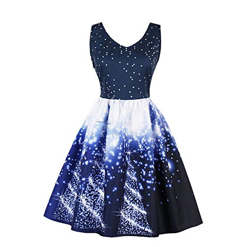 SNOWSONG Womens Flare Tank Dress V-Neck Polka Dots A-Line Cocktail Christmas Party Dresses Blue