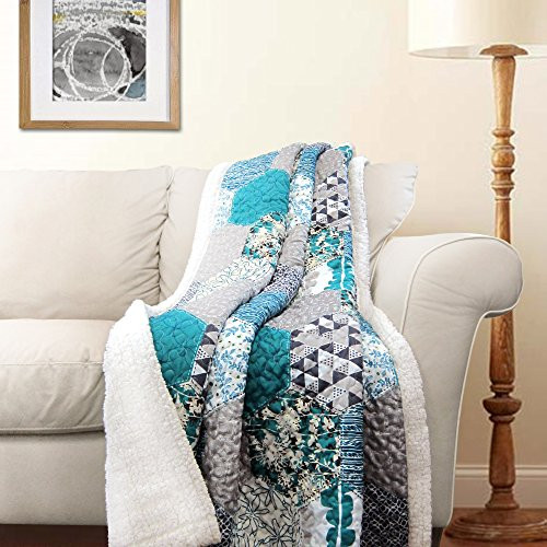 Lush Decor Turquoise Briley Reversible Throw-Colorful Hexagon Patchwork Pattern Blanket-60 x 50 inch