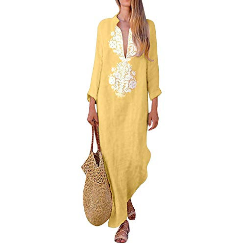 Aniywn Womens Long Sleeve Maxi Dress V-Neck Vintage Printing Solid Color Loose Split Hem Baggy Kaftan Long Dress Yellow Aniywn Womens Long Sleeve Maxi Dress V-Neck Vintage Printing Solid Color Loose Split Hem Baggy Kaftan Long Dress Yellow