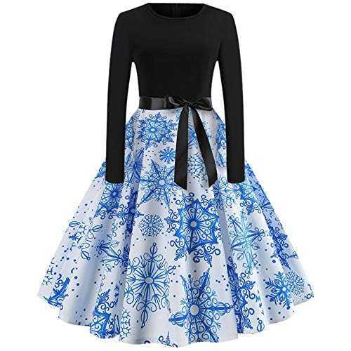 miqiqism Womens Vintage Dress Print Long Sleeve Christmas Evening Xmas Cocktail Party Swing Dress A-Line Dress White