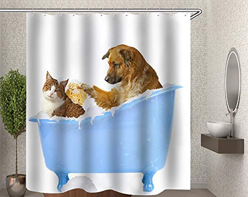 MSK BS Funny Animal Bathing Decor Bathroom Shower Curtain 3D Printing Cat and Dog Shower Curtain Sets Bathroom Decor with Hooks Waterproof Washable 72 x 72 inches Brown Blue White