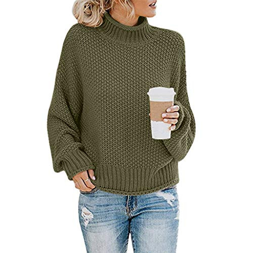 AODONG Sweaters Pullover for Women Knit Womens Oversized Sweaters Batwing Sleeve Mock Neck Jumper Tops Chunky Knit Pullover Sweater Army Green